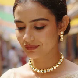 LUCKY JEWELLERY 18K Gold Plating Kundan Studded Meenakari Choker Necklace Set-image-5