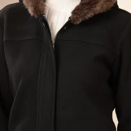 Nayam By Lakshita Women Tweed Long Coat with Fur Hood and Zip Closure image 2