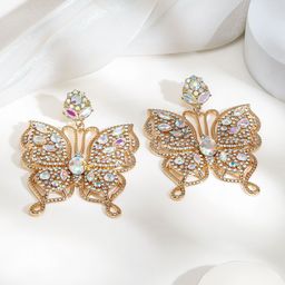 Rubans 18K Gold Plated Cubic Zirconia Studded Classic Glamorous Butterfly Drop Earrings-picture-17