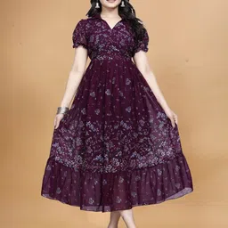 QENA Women Floral Print Puff Sleeve Ruffled Georgette Fit & Flare Midi Dress-picture-12