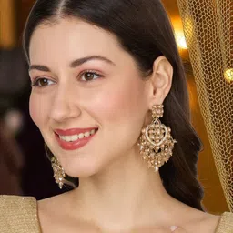 OOMPH Kundan Studded & Artificial Beaded Contemporary Shaped Drop Earrings image 2