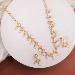 Opal Touch Gold-Plated Cubic Zirconia Studded & Artificial Beaded Necklace With Earrings-picture-19