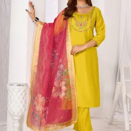 Larqi Women Floral Embroidered Regular Thread Work Chanderi Silk Kurta with Trousers & With Dupatta-picture-18
