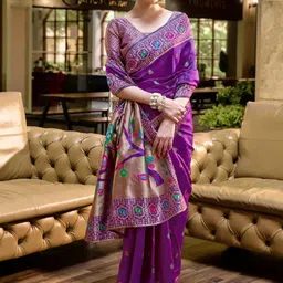 Kalista Ethnic Motifs Zari Silk Blend Heavy Work Paithani Saree image 3