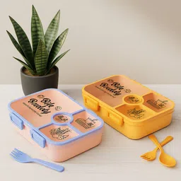 milyyy Premium Bite Buddy Plastic Lunch Box Combo Pack of 2 (Peach & Yellow) 4 Containers Lunch Box image 3
