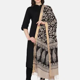 THE WEAVE TRAVELLER Black & Gold-Toned Ethnic Motifs Printed Pure Cotton Kalamkari Dupatta with Zari image 3