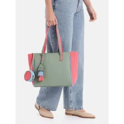 Anekaant Hue Sage Multi-Color Cotton Canvas Colorblock Tote Bag With Pouch image 1