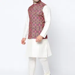 Kaifoo Men White Paisley Kurta with Churidar & Nehru Jacket image 2