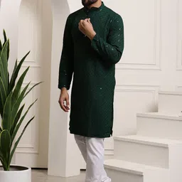 SOJANYA Ethnic Motifs Embroidered Sequinned Pure Cotton Kurta with Churidar image 4