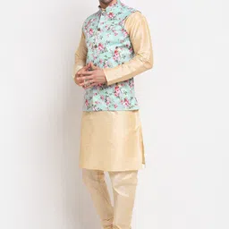 KRAFT INDIA Men Kurta with Churidar & Printed Nehru Jacket image 3