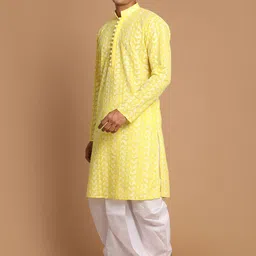 VASTRAMAY Men Mustard And White Pure Cotton Chikankari kurta With Dhoti Set image 4