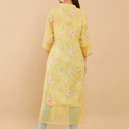 Soch Women Mustard Yellow Floral Printed Flared Sleeves Crepe Kurta image 2