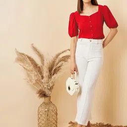 RARE Red Puff Sleeve Shirt Style Top image 5