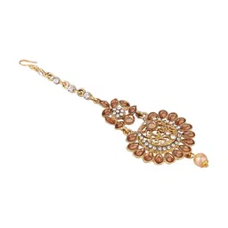 ANIKAS CREATION Gold-Plated & White Kundan Stone Studded & Beaded Maang Tika & Earring Set image 2