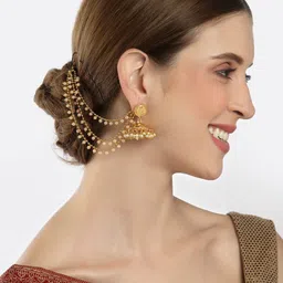 ZENEME Gold-Toned Drop Beaded Layered Earring Chain image 5
