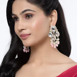 ZENEME Gold Plated Kundan Stone And Bead Studded Drop Earrings image 2