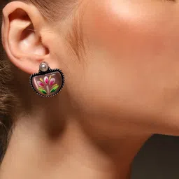 VENI 92.5 Silver-Plated OxidisedArtificial Stones Studded Contemporary Shaped Studs image 4