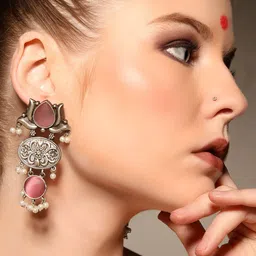 VENI 925 Sterling Silver Artificial Stones Studded And Beaded Oxidised Drop Earrings image 4