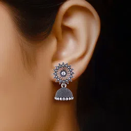 MEENAZ Set Of 2 Silver-Plated Stainless Steel Studded & Beaded Peacock Shaped Jhumkas image 3