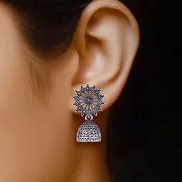MEENAZ Set Of 3 Silver-Plated Oxidised Peacock Shaped Jhumkas image 3