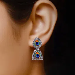 MEENAZ Set Of 2 Silver-Plated Peacock Shaped Jhumkas image 5