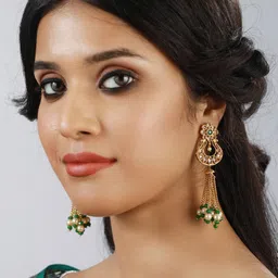 Anouk Gold Plated Contemporary Kundan Studded & Beaded Drop Earrings image 1