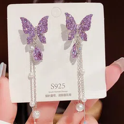 Pinapes Silver Plated Butterfly Design Stone Studded & Beaded Drop Earrings image 5