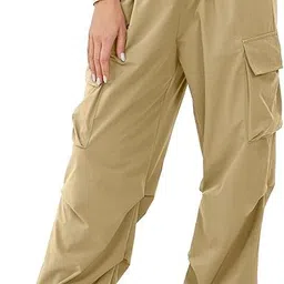 areal fashion Women's Parachute Cargo Pants/Trouser with Pockets for Hiking, Camping, Traveling, Outdoor Activities, Solid Drawstring Waist Flap Pocket Side image 1