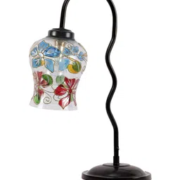 Devansh White & Blue Mosaic Printed Glass Zig Zag Curvy Iron Metal Table Lamp With Shade image 2