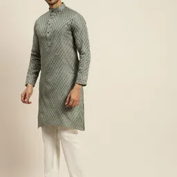SOJANYA Men Teal Ethnic Motifs Kurta with Pyjamas & Nehru Jacket image 5