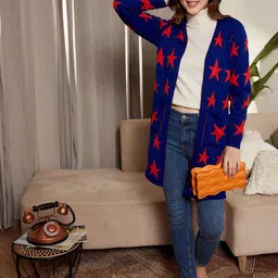 Berrylush Blue & Red Conversational Printed Longline Front Open Sweater-picture-26