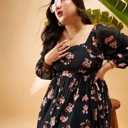 SASSAFRAS Curve Plus Size Black Floral Printed Puff Sleeves Smocked Fit & Flare Dress-picture-32