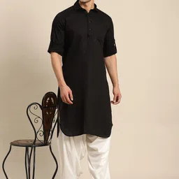 RAJUBHAI HARGOVINDAS Men Black Woven Design Pure Cotton Pathani Kurta image 5