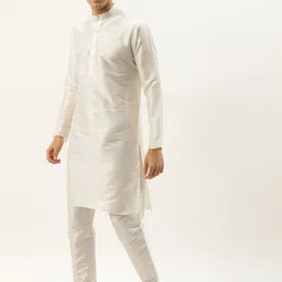 SOJANYA Men Off White & PinkJacquard Woven Design Kurta with Churidar & Nehru Jacket image 3