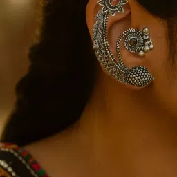 I Jewels Multi-Color Stones Studded Floral Shaped Oxidised Ear Cuff-image-78