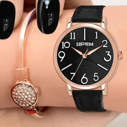 Septem Women Black Dial & Black Leather Straps Analogue Watch SP-148 Black-Septem image 2