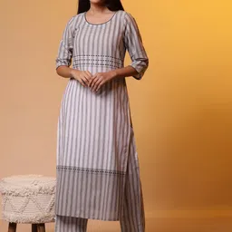 AURELIA Striped Regular Pure Cotton Round Neck Straight Kurta with Palazzos image 5