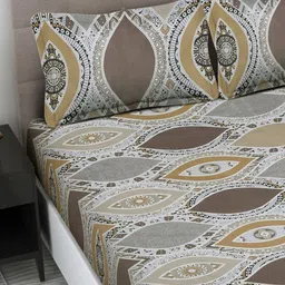 FABINALIV Grey & Brown Ethnic Motifs 300 TC Fitted King Bedsheet with 2 Pillow Covers image 4
