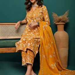 Sangria Floral Printed Pure Cotton Round Neck Anarkali Kurta With Trousers & Dupatta image 2