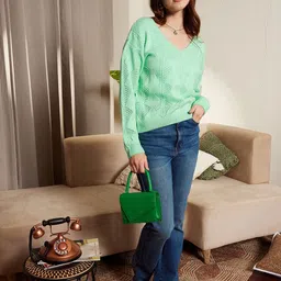 Berrylush V-Neck Cable Knit Pullover-image-1