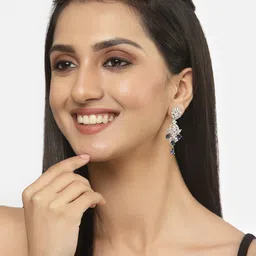 ZENEME Rhodium-Plated American Diamond studded Spiked Shaped Drop Earrings image 5