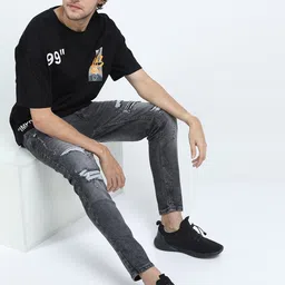 HIGHLANDER Men Charcoal Grey Tapered Fit Highly Distressed Heavy Fade Stretchable Jeans image 2