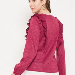 Imfashini Self Design Schiffli Shirt Style Ruffle Top image 5