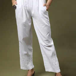 HOUSE OF KARI Women Chikankari Embroidered Cotton Regular Trouser image 3