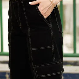 STREET 9 Women Black Relaxed Straight Leg High-Rise Pure Cotton Cargo Trousers image 2