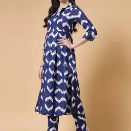SkyaSia Shirt Collar Geometric Printed Pure Cotton Anarkali Kurta with Trouser image 4