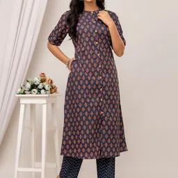 Kohsh Floral Printed Pure Cotton A-Line Kurta With Trousers image 5