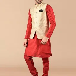 PRINTCULTR Mandarin Collar Pure Silk Straight Kurta With Churidar & Nehru jacket image 5