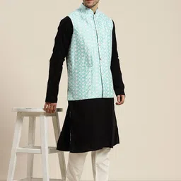 SOJANYA Men Blue & White Woven Design Nehru Jacket image 2