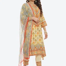 Biba Women Yellow Printed Kurta with Trousers & With Dupatta image 3
